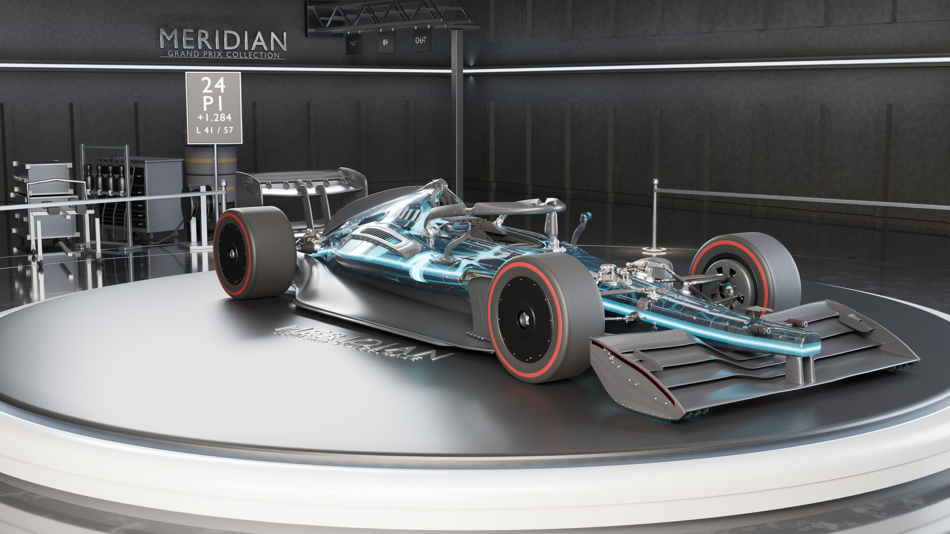 Front three-quarter render of the car under showroom lighting