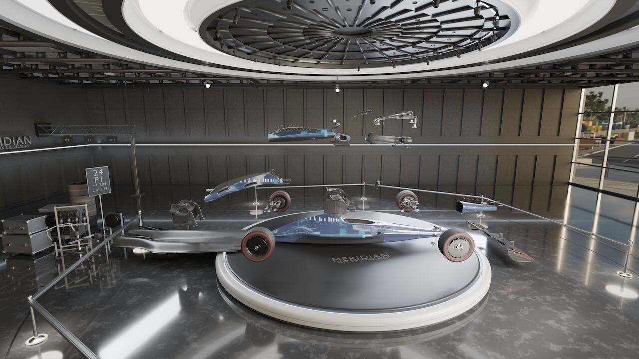 The darkened showroom on the film's first frame: an empty lit turntable with the car's parts hanging exploded in the air around it.