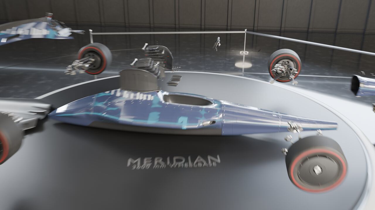 Close pass over the car's monocoque and floor as they hang in the exploded field, cyan trace livery visible along the flank.