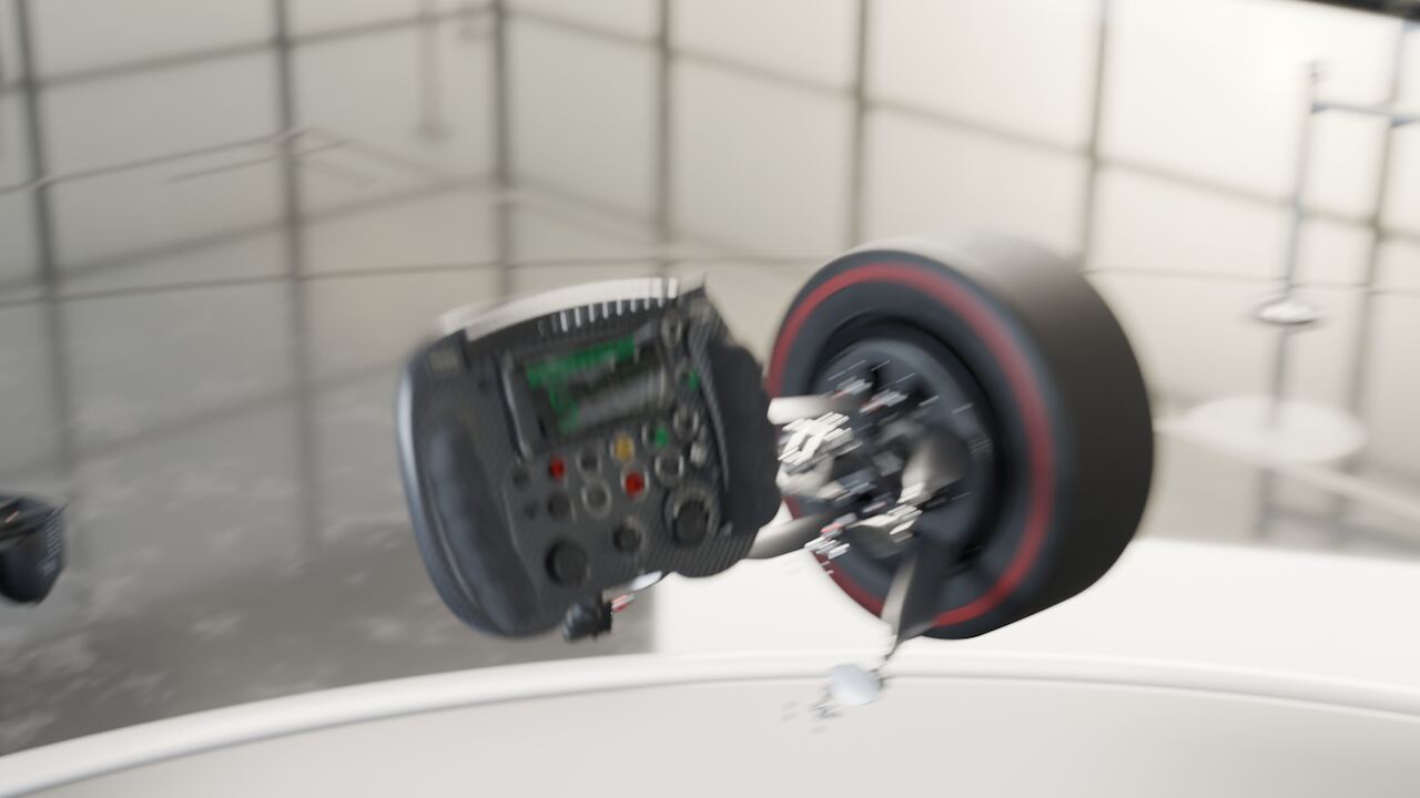 Near-camera view of the steering wheel and a front corner assembly hanging in the exploded field, brake and upright visible.