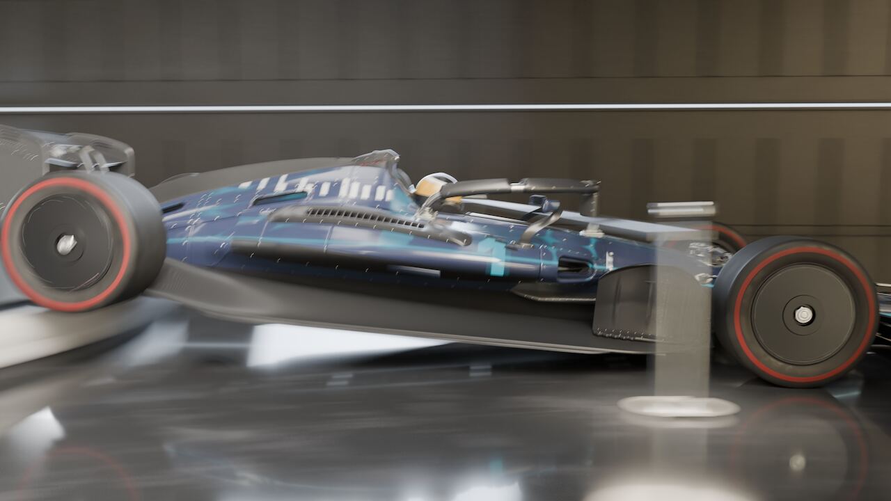 The car leaving the turntable under power, wheels blurred, the showroom floor streaking past.