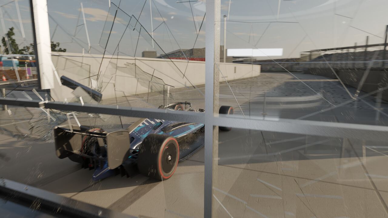 The car mid-breach, seen through a full-frame fracture pattern as the showroom's glass wall comes apart around it.