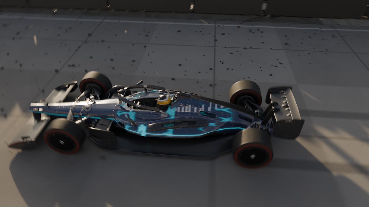 High three-quarter view of the car accelerating away across the paddock apron in daylight, cyan livery lit.